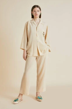 Casablanca Caladrius Cream Floral Silk Crêpe De Chine Pajamas