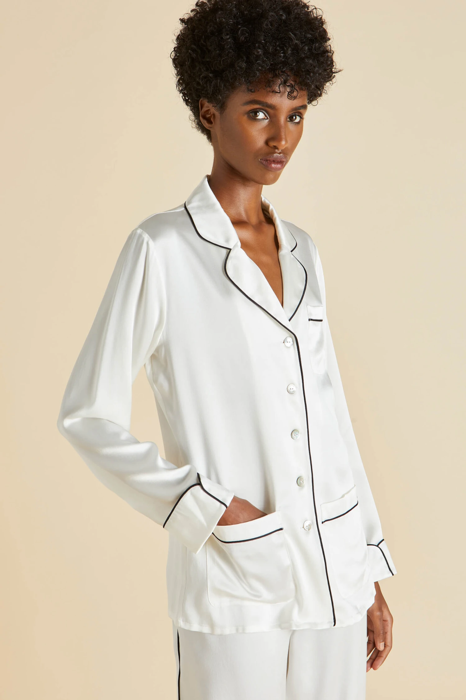 Coco Ivory Jet Black Silk Satin Pajama Set - Image 3