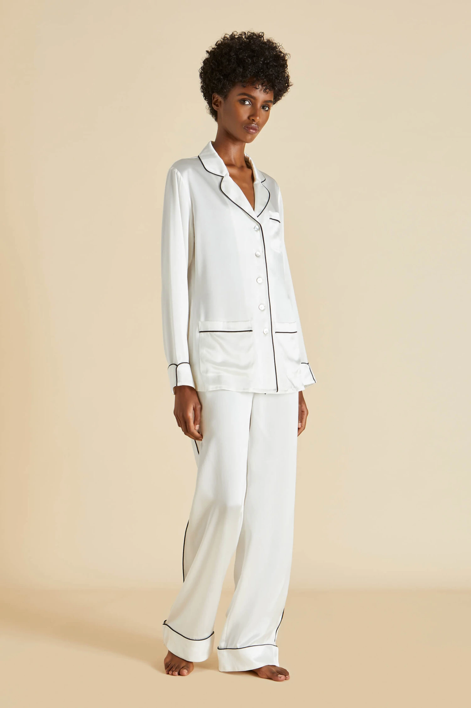 Coco Ivory Jet Black Silk Satin Pajama Set