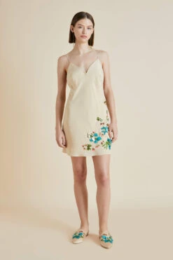 Xena Caladrius Cream Floral Silk Crêpe De Chine Slip Dress