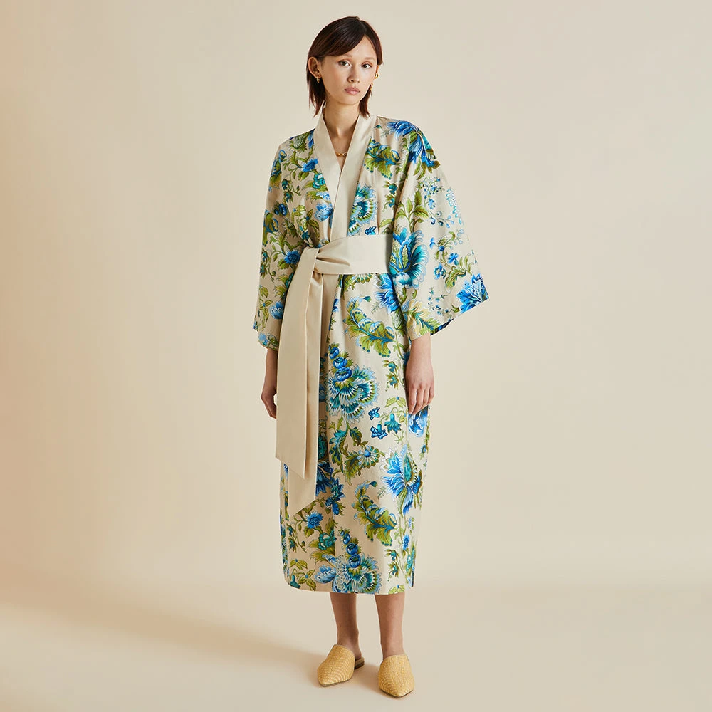 Amaya Jasmine Blue Floral Cotton-Silk Robe - Image 2