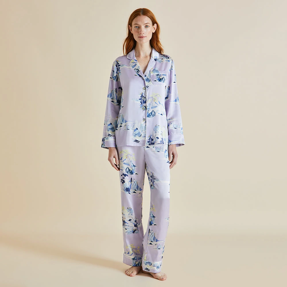 Lila Verandah Lilac Mountainscape Silk Satin Pajamas - Image 2