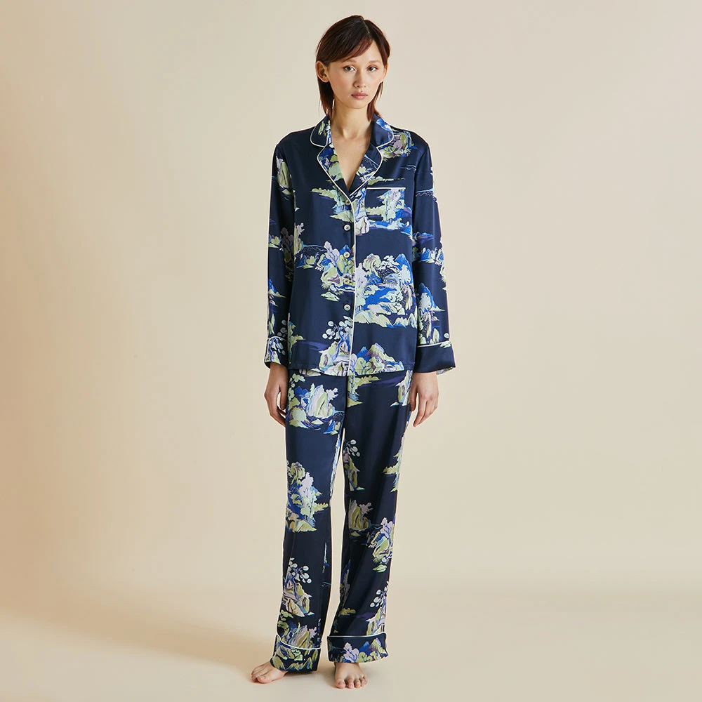Lila Voyage Navy Mountainscape Silk Satin Pajamas - Image 2