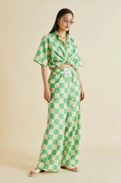 Alabama Croisette Green Gingham Cotton-Silk Pajamas