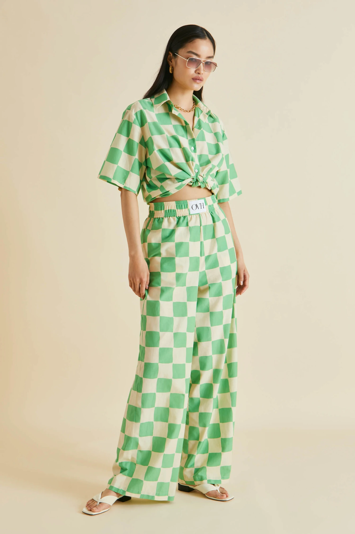 Alabama Croisette Green Gingham Cotton-Silk Pajamas