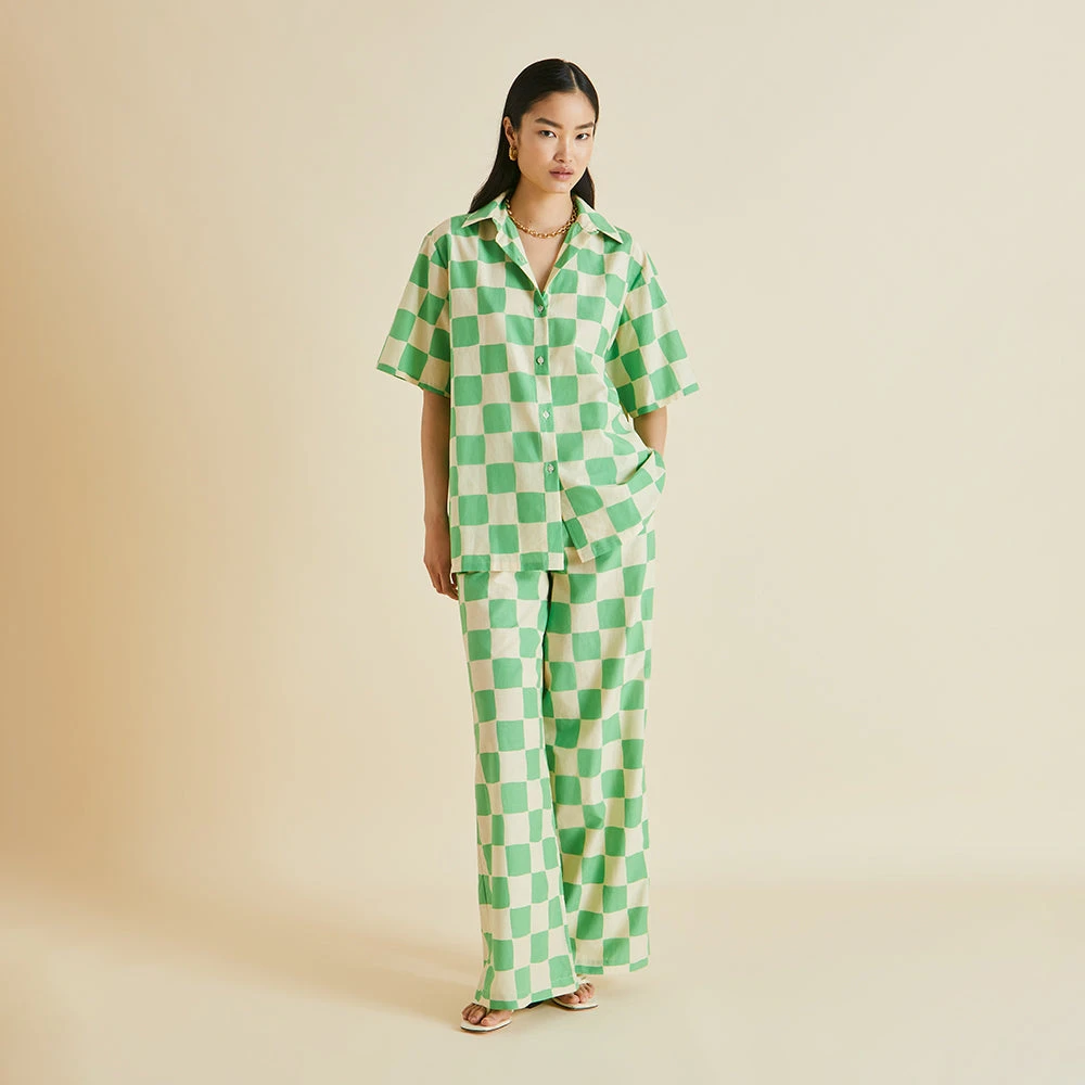 Alabama Croisette Green Gingham Cotton-Silk Pajamas - Image 2