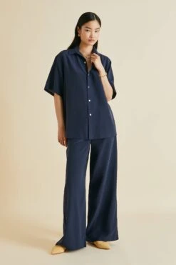 Alabama Navy Silk Crêpe De Chine Pajamas