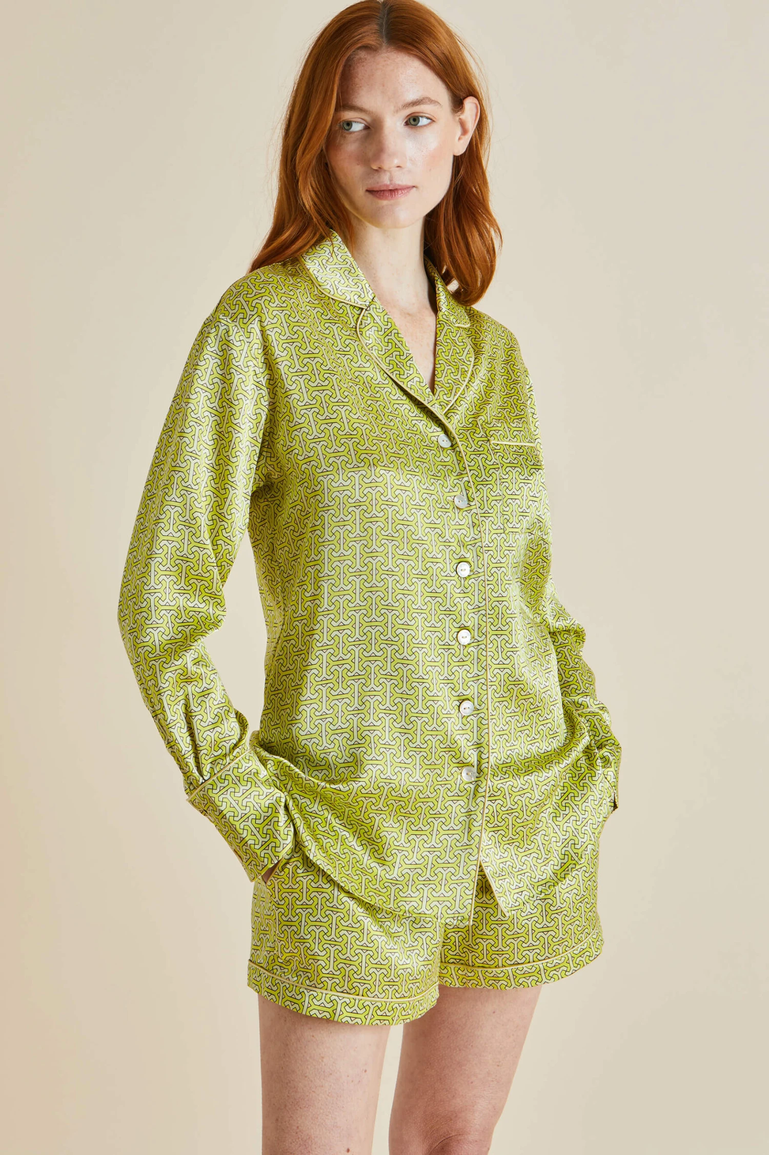 Alba Mirage Green Geometric Silk Satin Pajamas - Image 3