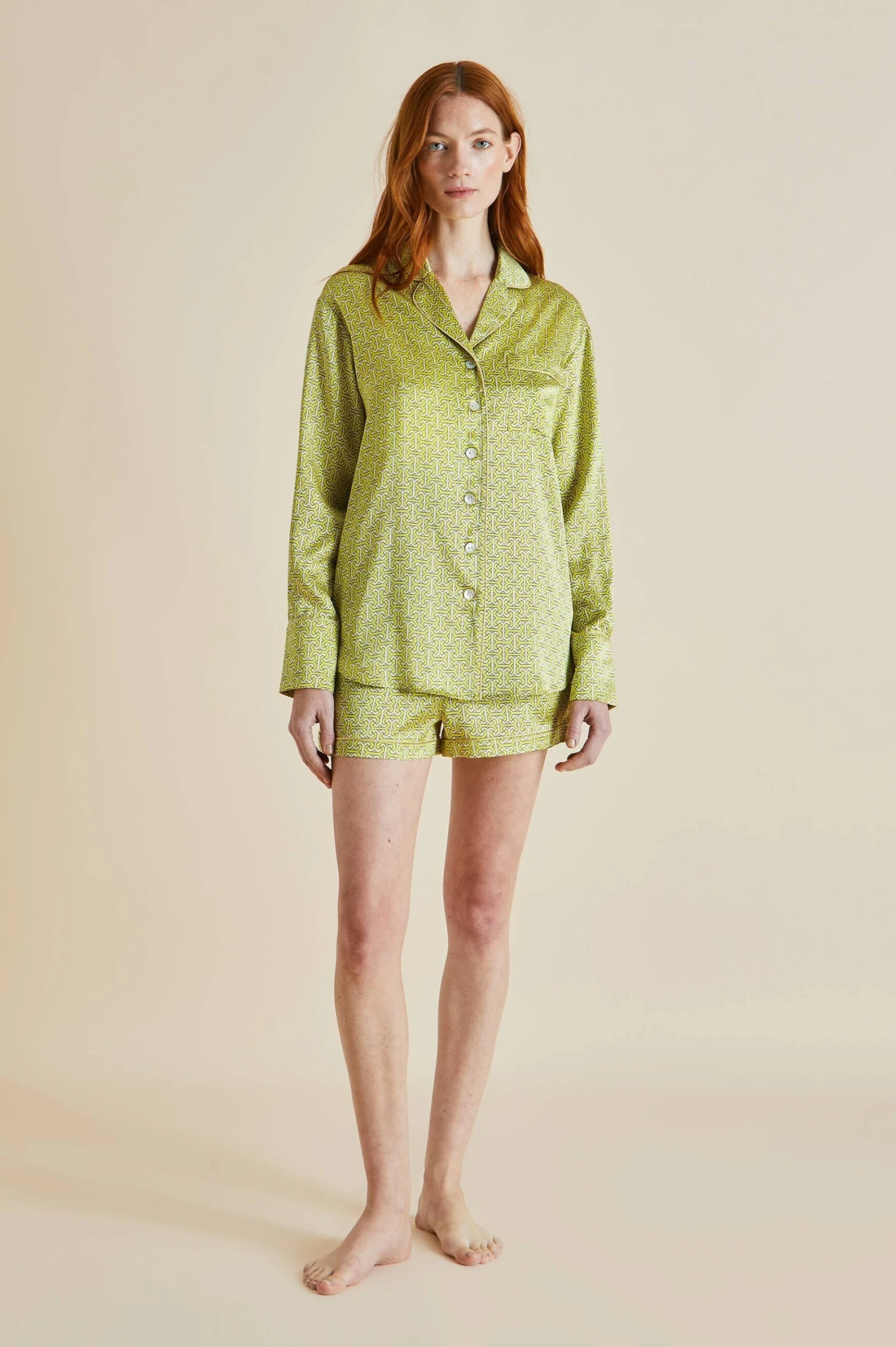 Alba Mirage Green Geometric Silk Satin Pajamas - Image 5