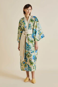 Amaya Jasmine Blue Floral Cotton-Silk Robe