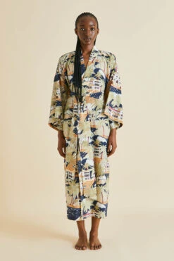 Amaya Ponche Navy Palm Cotton-Silk Robe