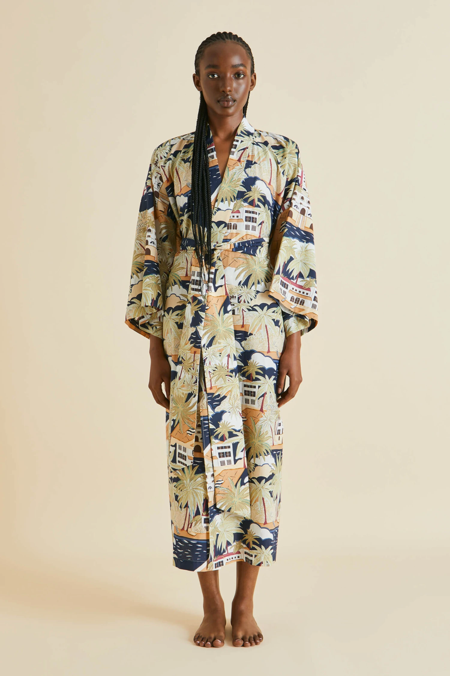 Amaya Ponche Navy Palm Cotton-Silk Robe