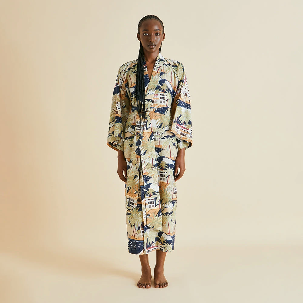 Amaya Ponche Navy Palm Cotton-Silk Robe - Image 2