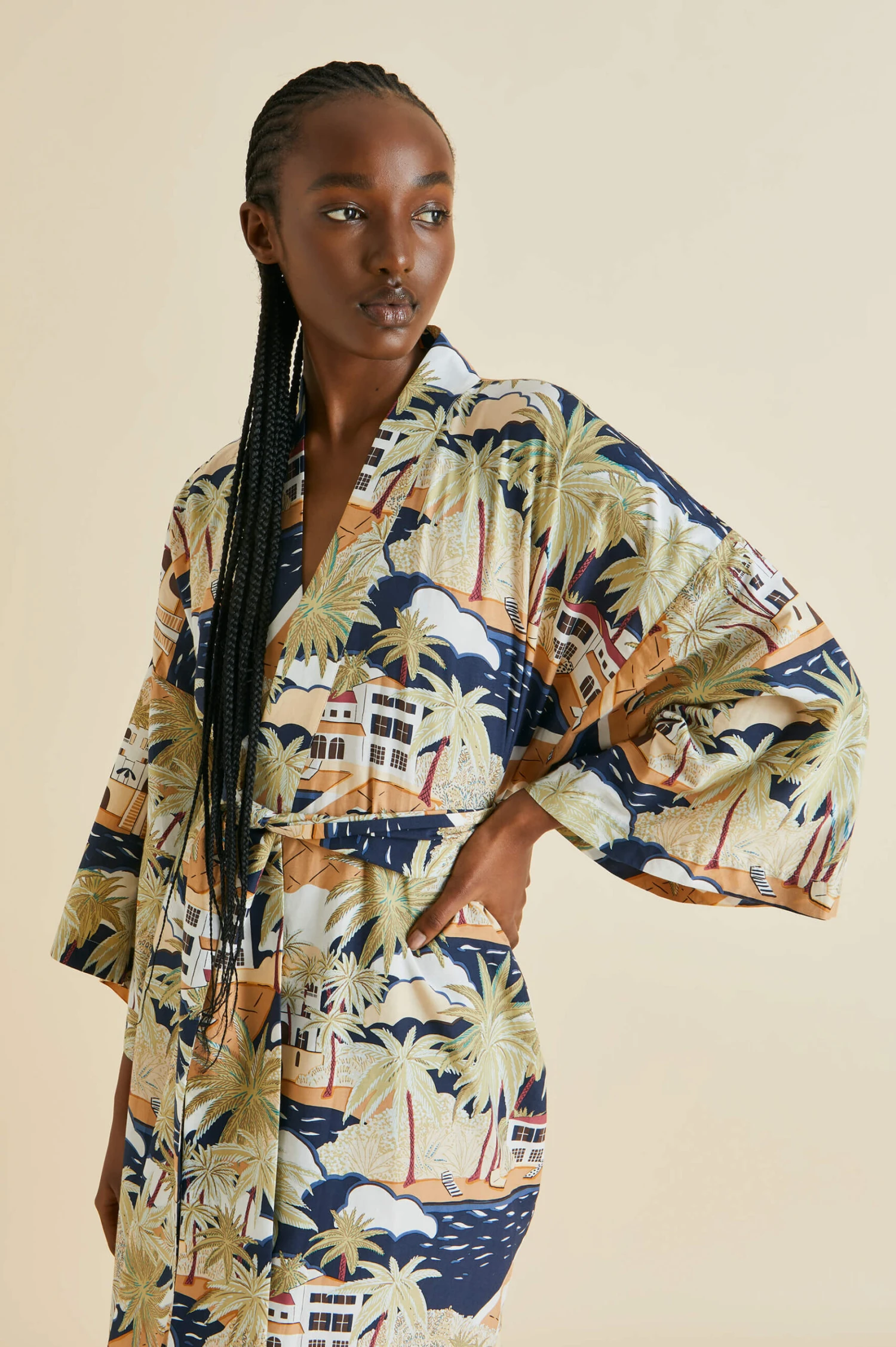Amaya Ponche Navy Palm Cotton-Silk Robe - Image 3