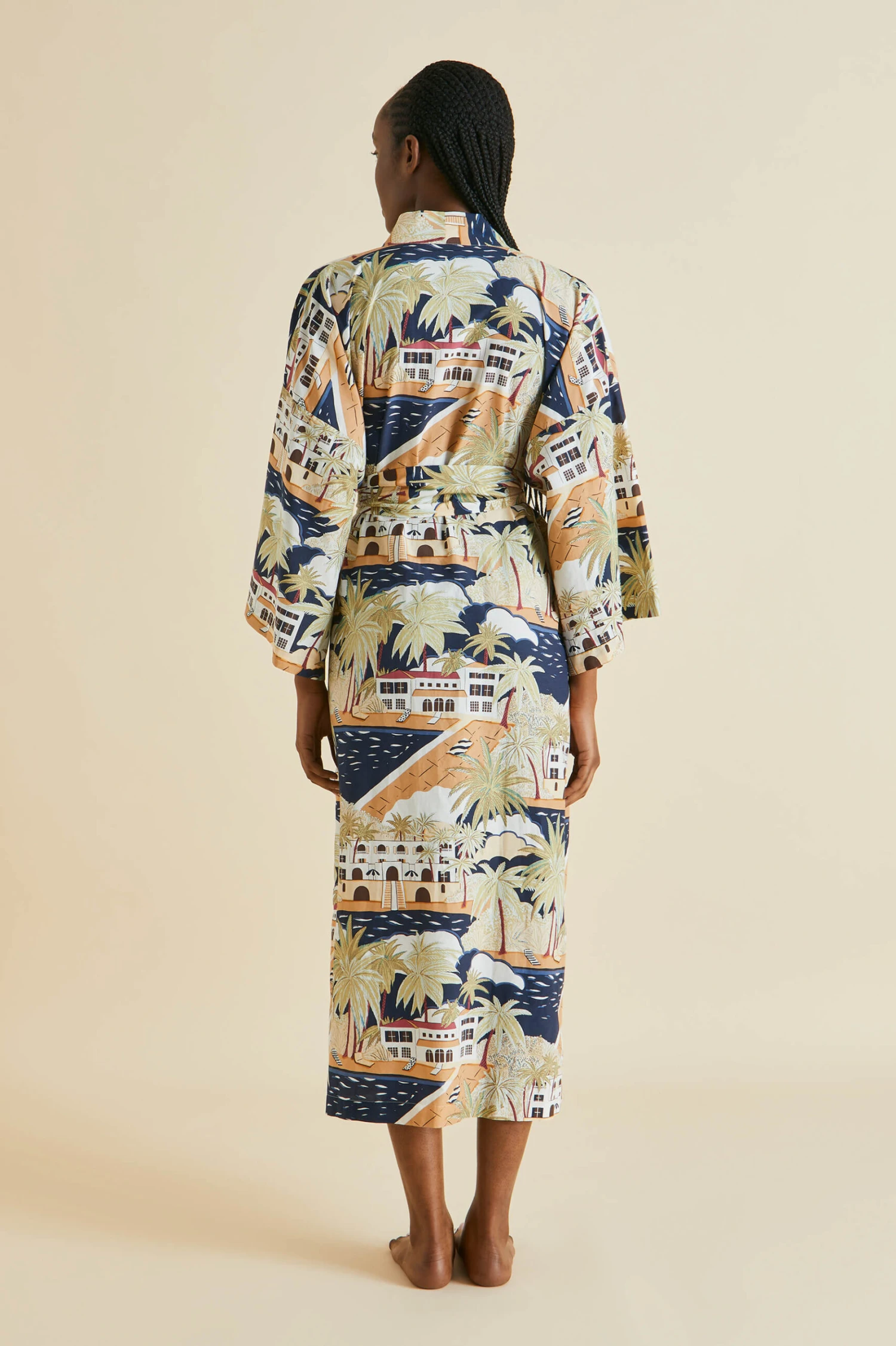 Amaya Ponche Navy Palm Cotton-Silk Robe - Image 4