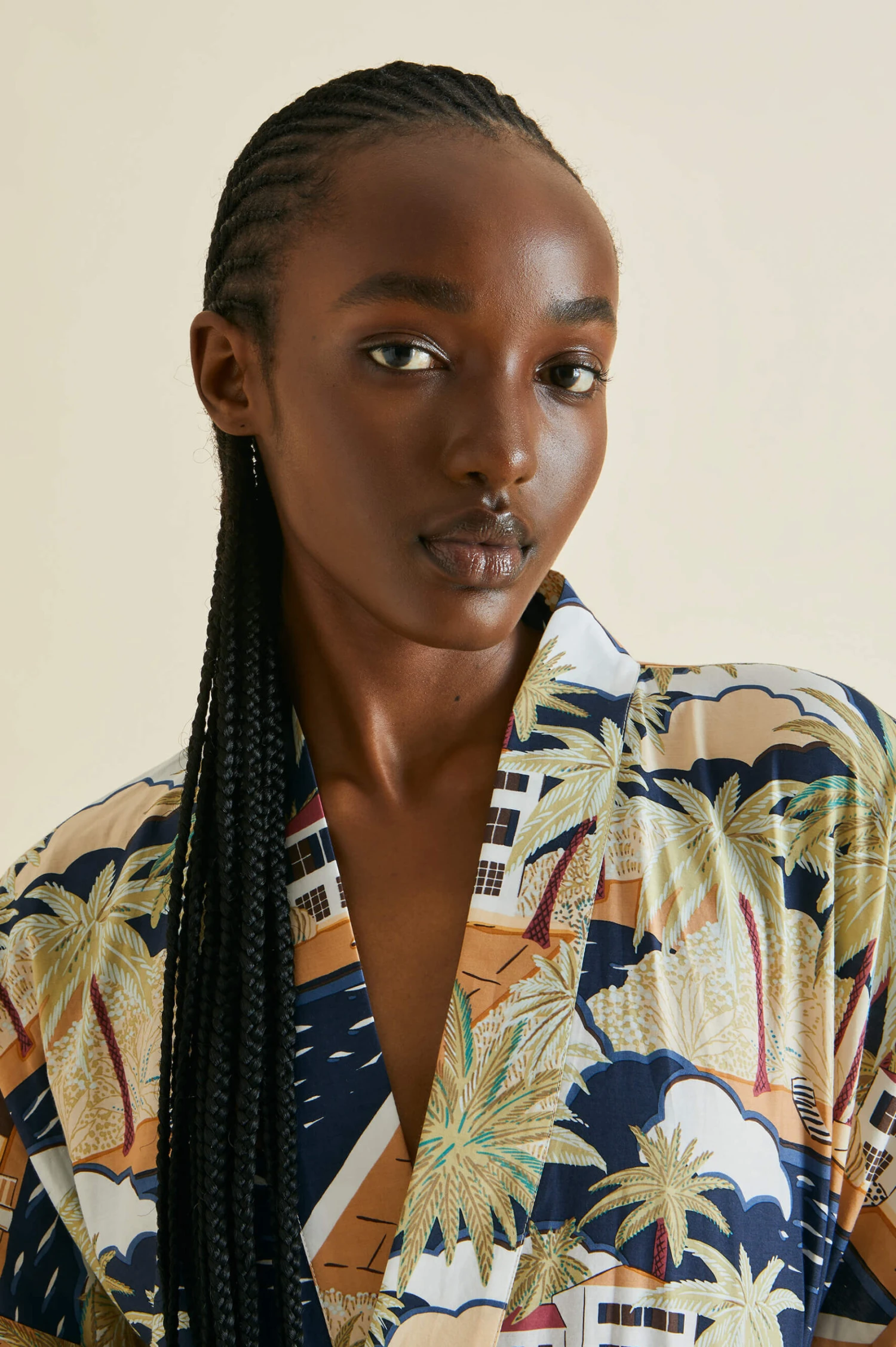 Amaya Ponche Navy Palm Cotton-Silk Robe - Image 5