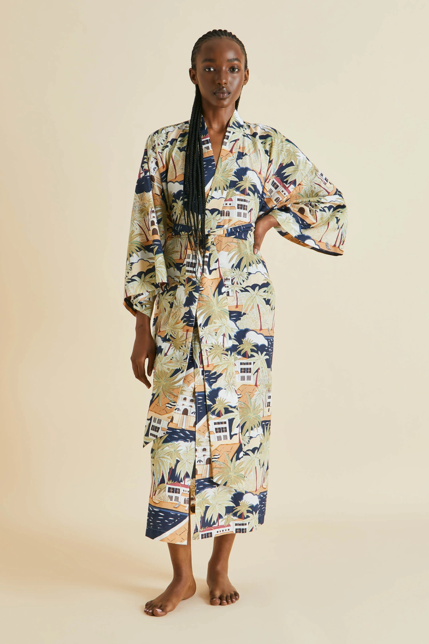 Amaya Ponche Navy Palm Cotton-Silk Robe - Image 7