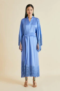 Amina Blue Fringed Silk Satin Robe