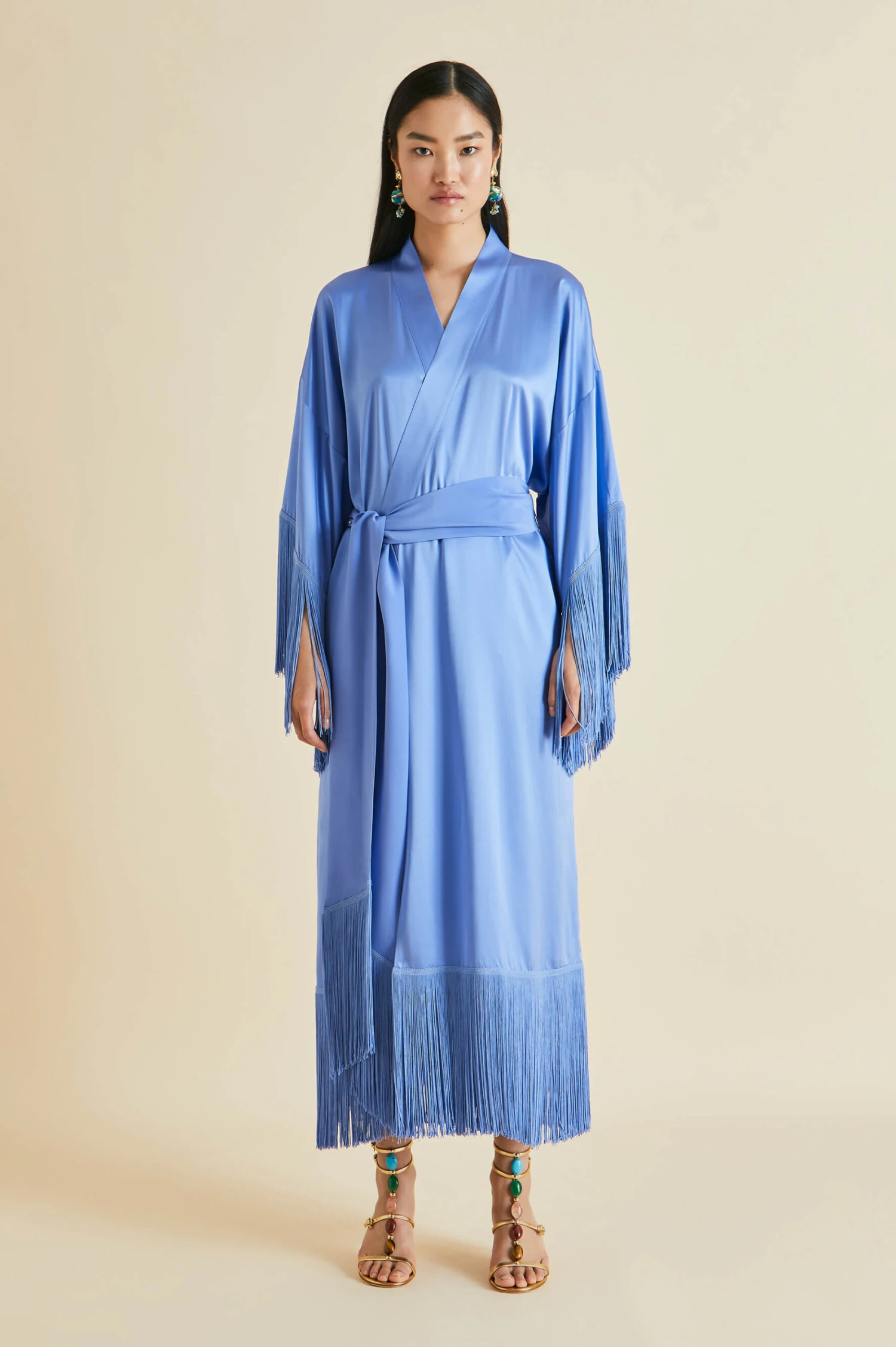 Amina Blue Fringed Silk Satin Robe
