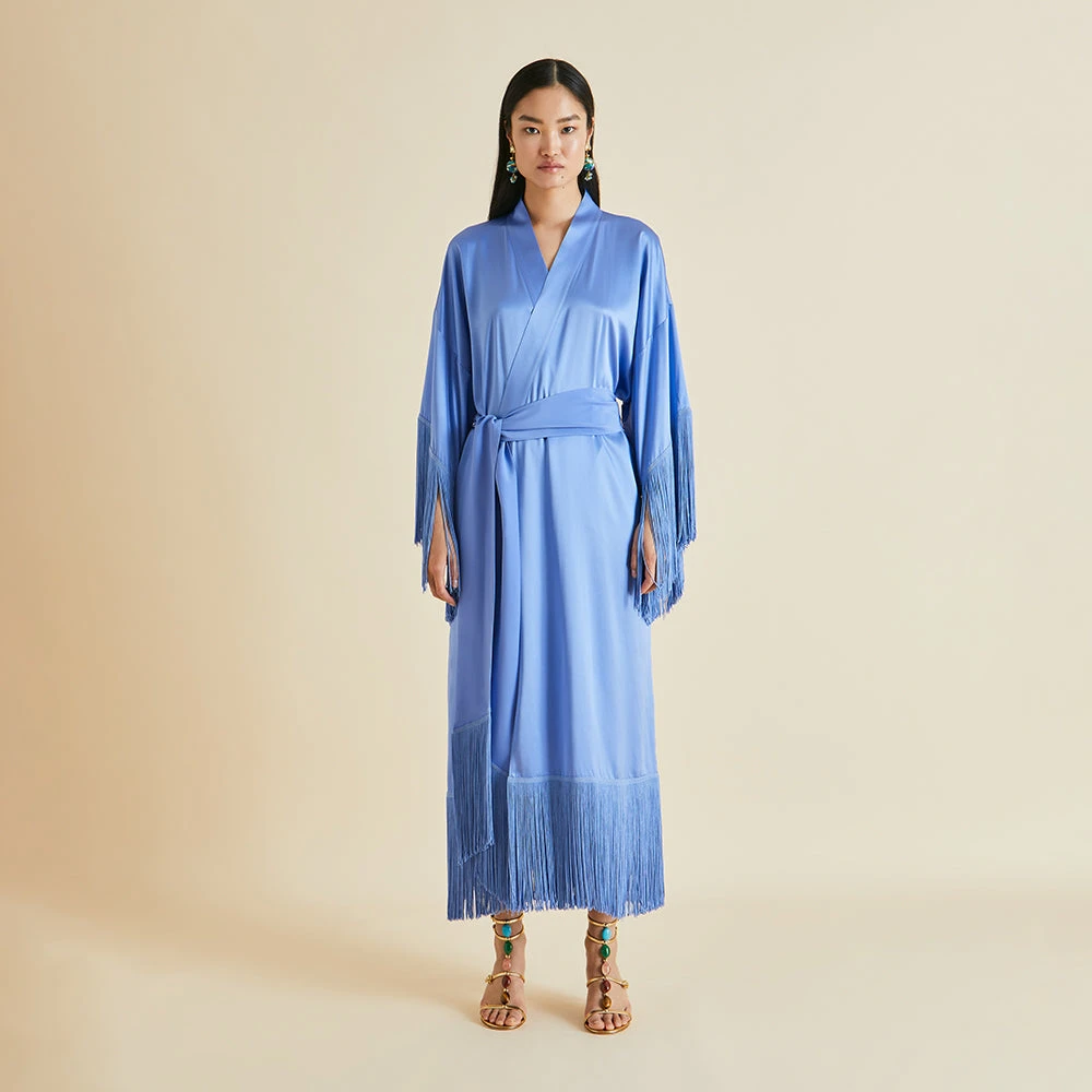 Amina Blue Fringed Silk Satin Robe - Image 2