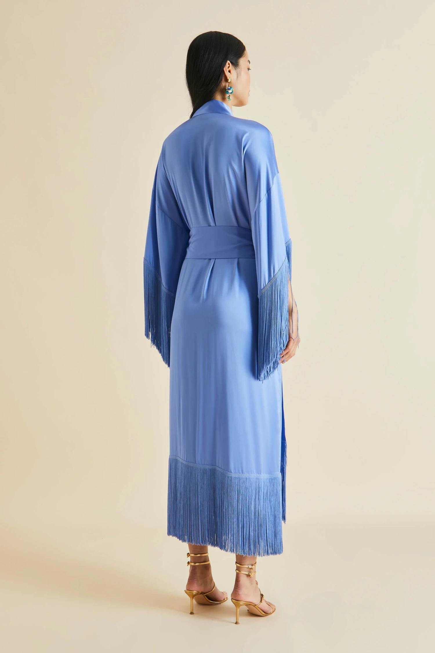 Amina Blue Fringed Silk Satin Robe - Image 3
