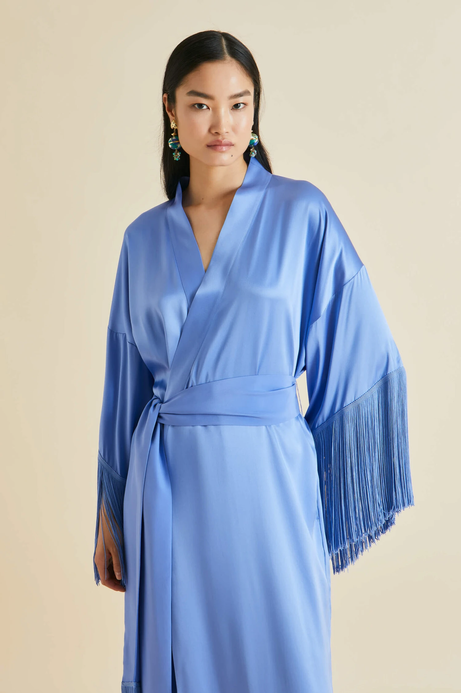 Amina Blue Fringed Silk Satin Robe - Image 4