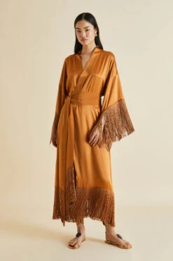 Amina Bronze Fringed Silk Satin Robe