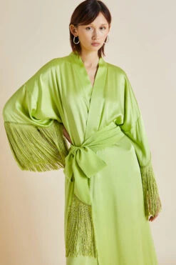 Amina Palm Green Silk Fringed Robe