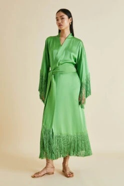 Amina Parakeet Green Fringed Silk Satin Robe