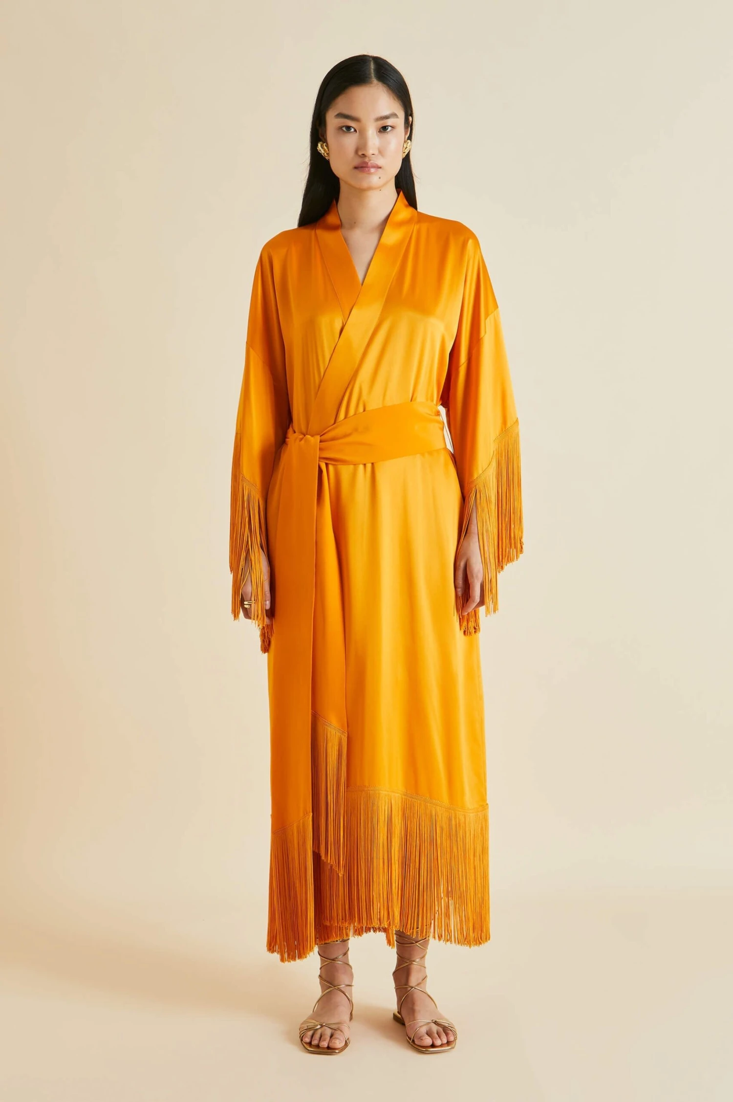 Amina Orange Fringed Silk Satin Robe