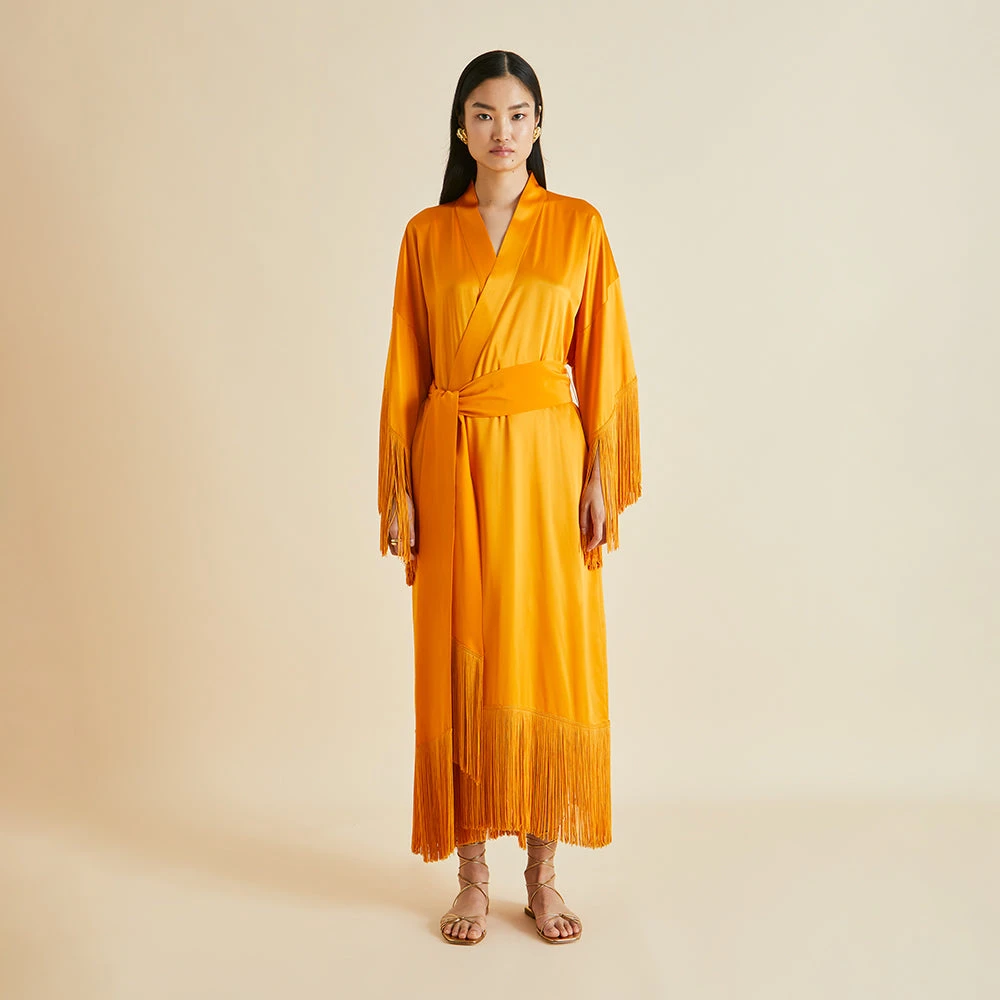 Amina Orange Fringed Silk Satin Robe - Image 2