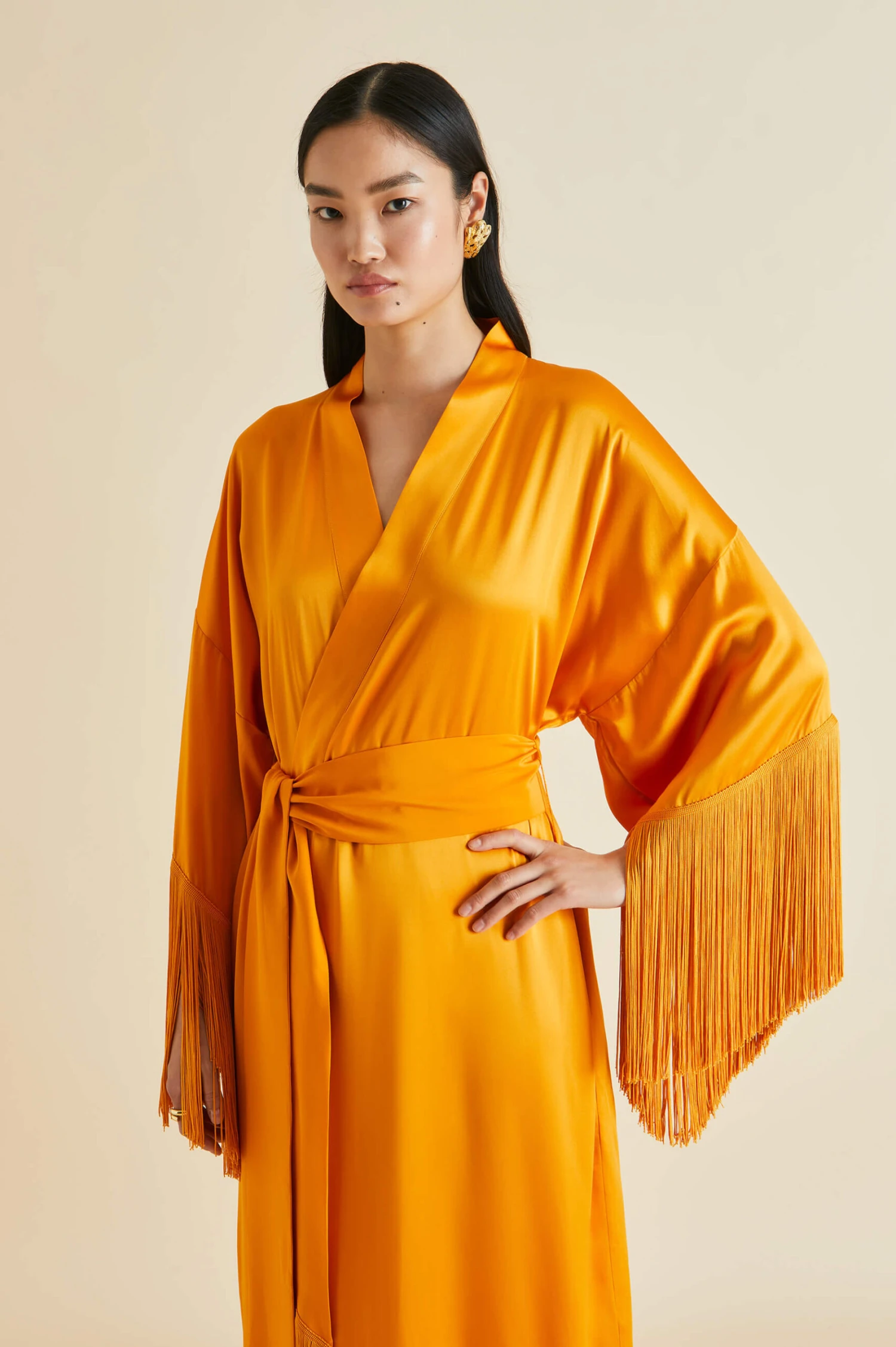 Amina Orange Fringed Silk Satin Robe - Image 3