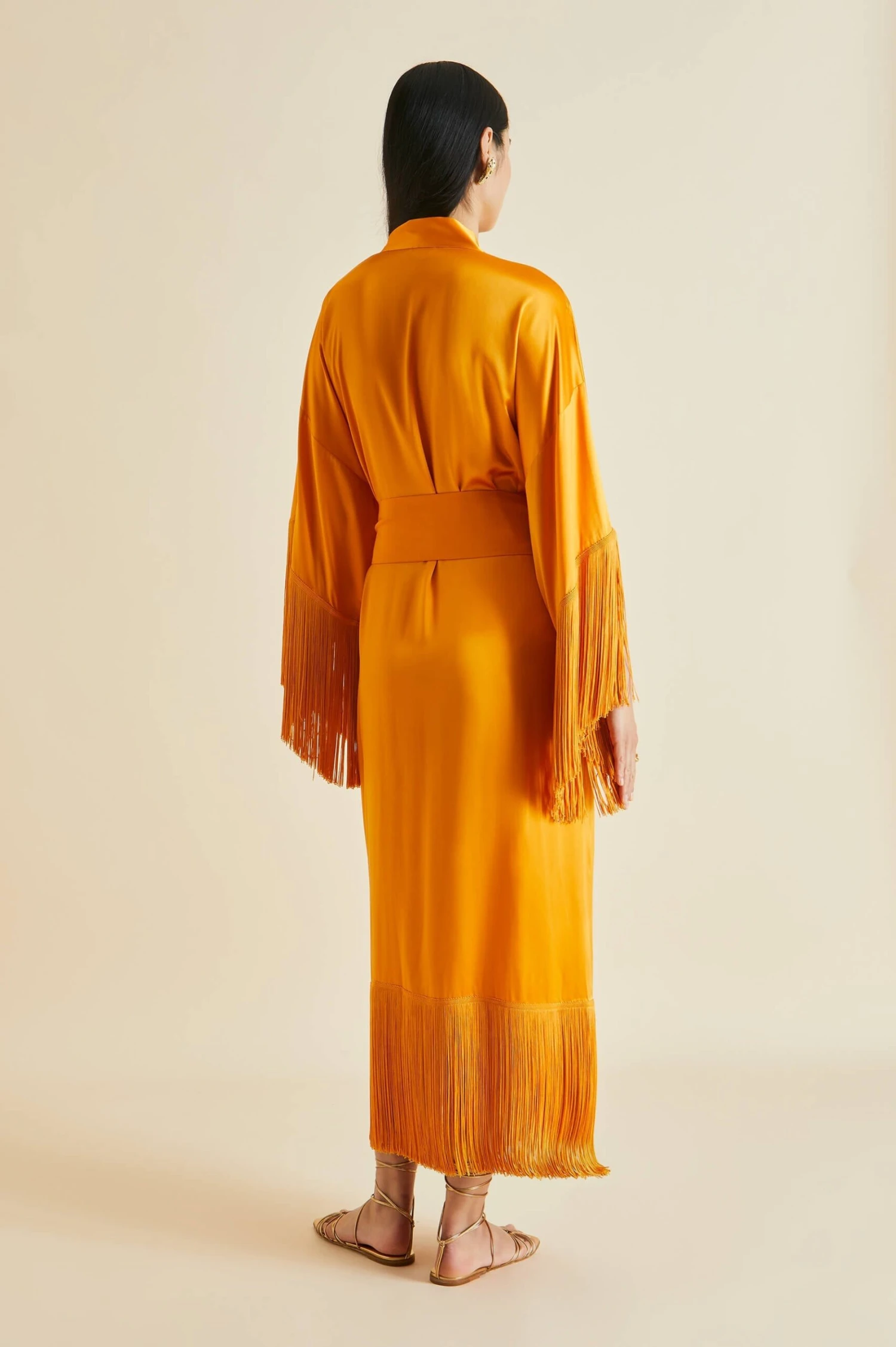 Amina Orange Fringed Silk Satin Robe - Image 4