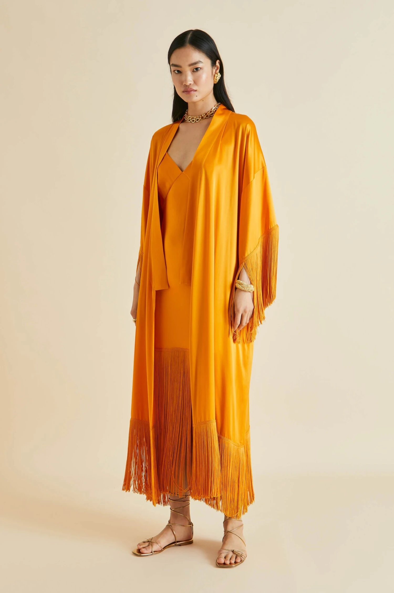 Amina Orange Fringed Silk Satin Robe - Image 5