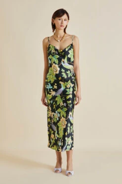 Bibi Alkonist Black Floral Silk Satin Slip Dress