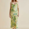Bibi Arcadius Green Floral Silk Devoré Slip Dress