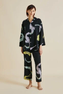 Casablanca Sanuk Black Crocodile Silk Crêpe De Chine Pajamas