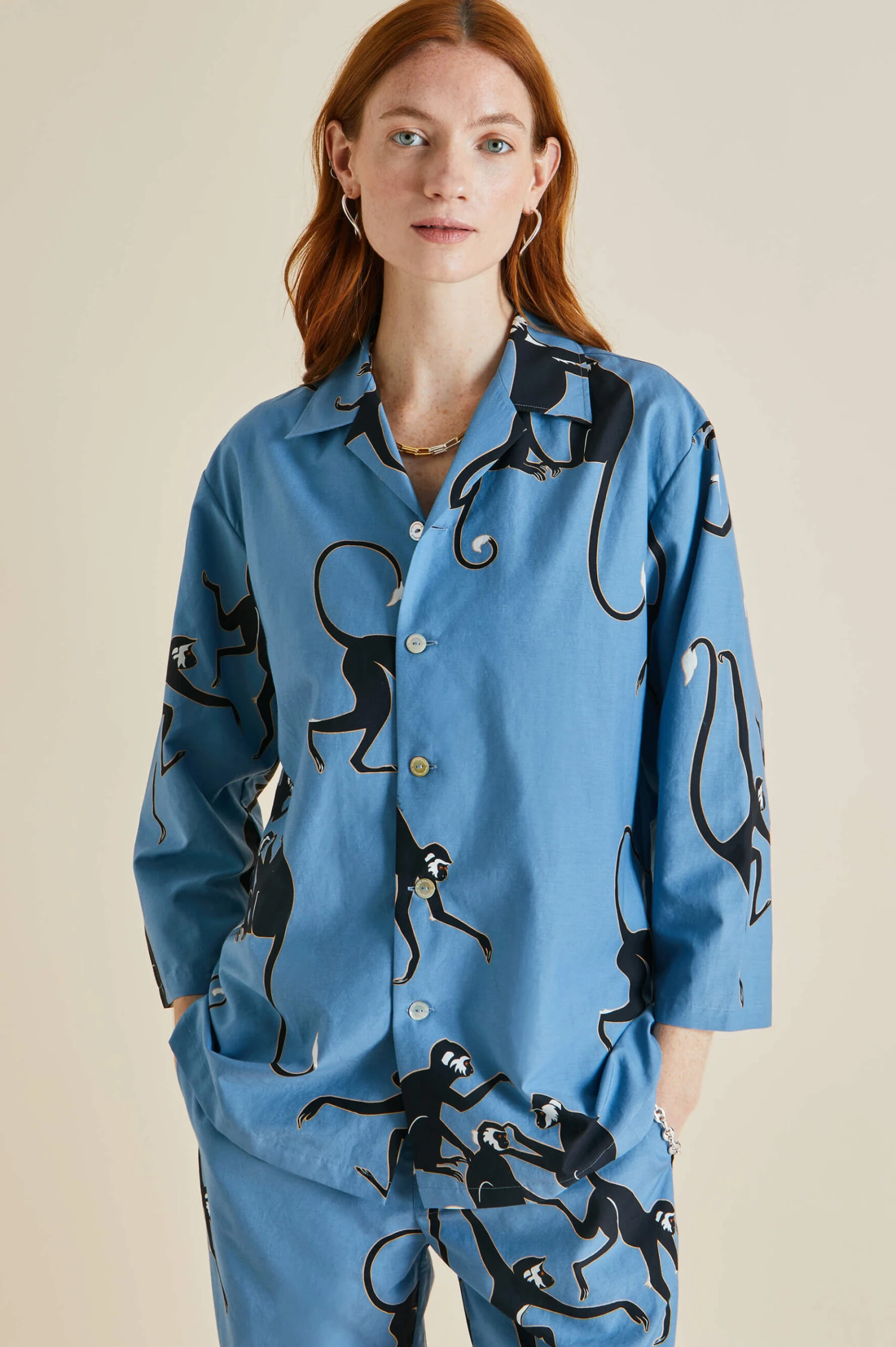 Casablanca Jacamar Blue Monkey Cotton-Silk Pajamas - Image 3