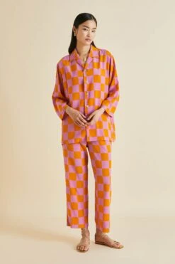 Casablanca Signac Pink Gingham Silk Crêpe De Chine Pajamas