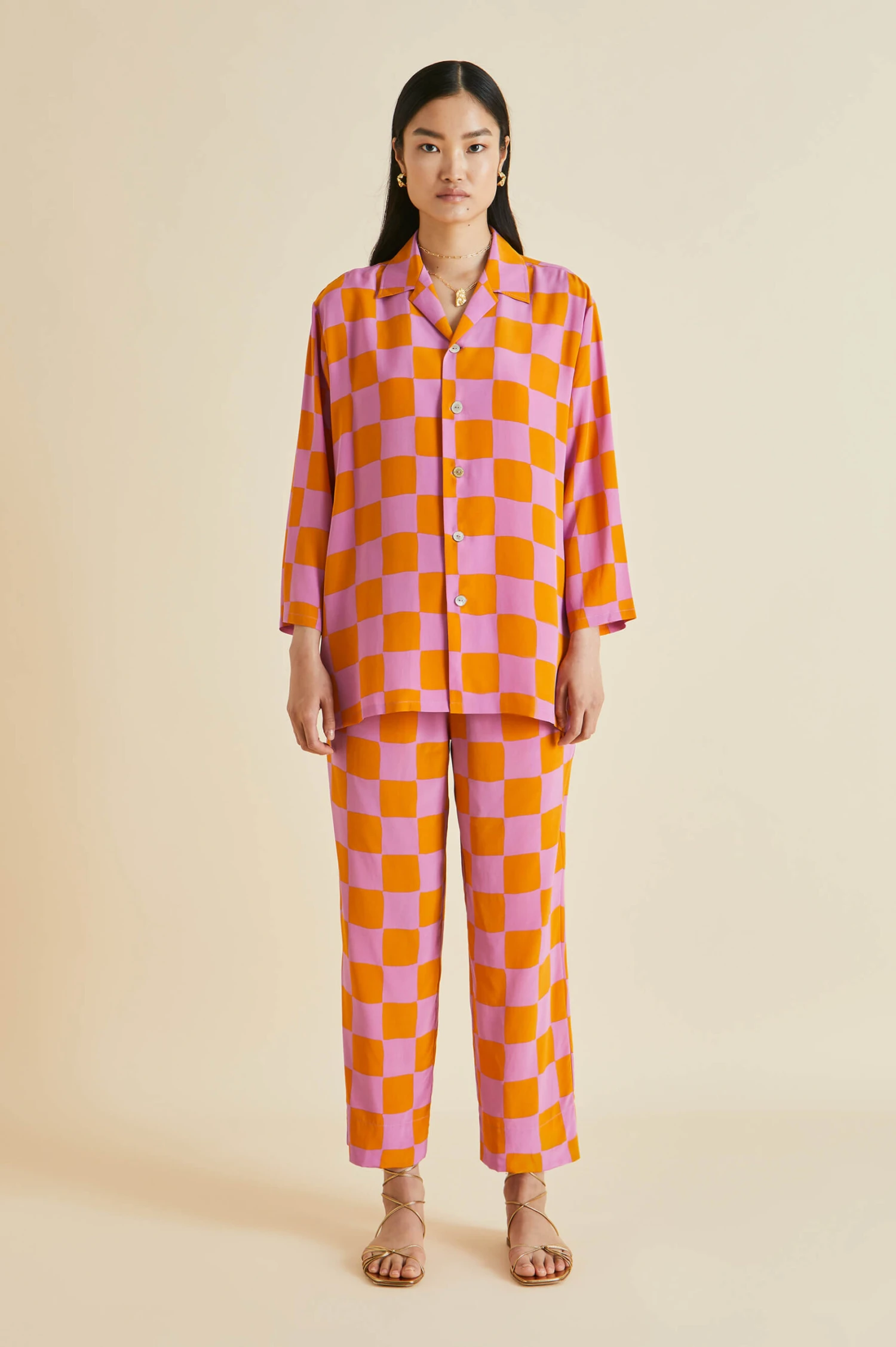 Casablanca Signac Pink Gingham Silk Crêpe De Chine Pajamas - Image 5