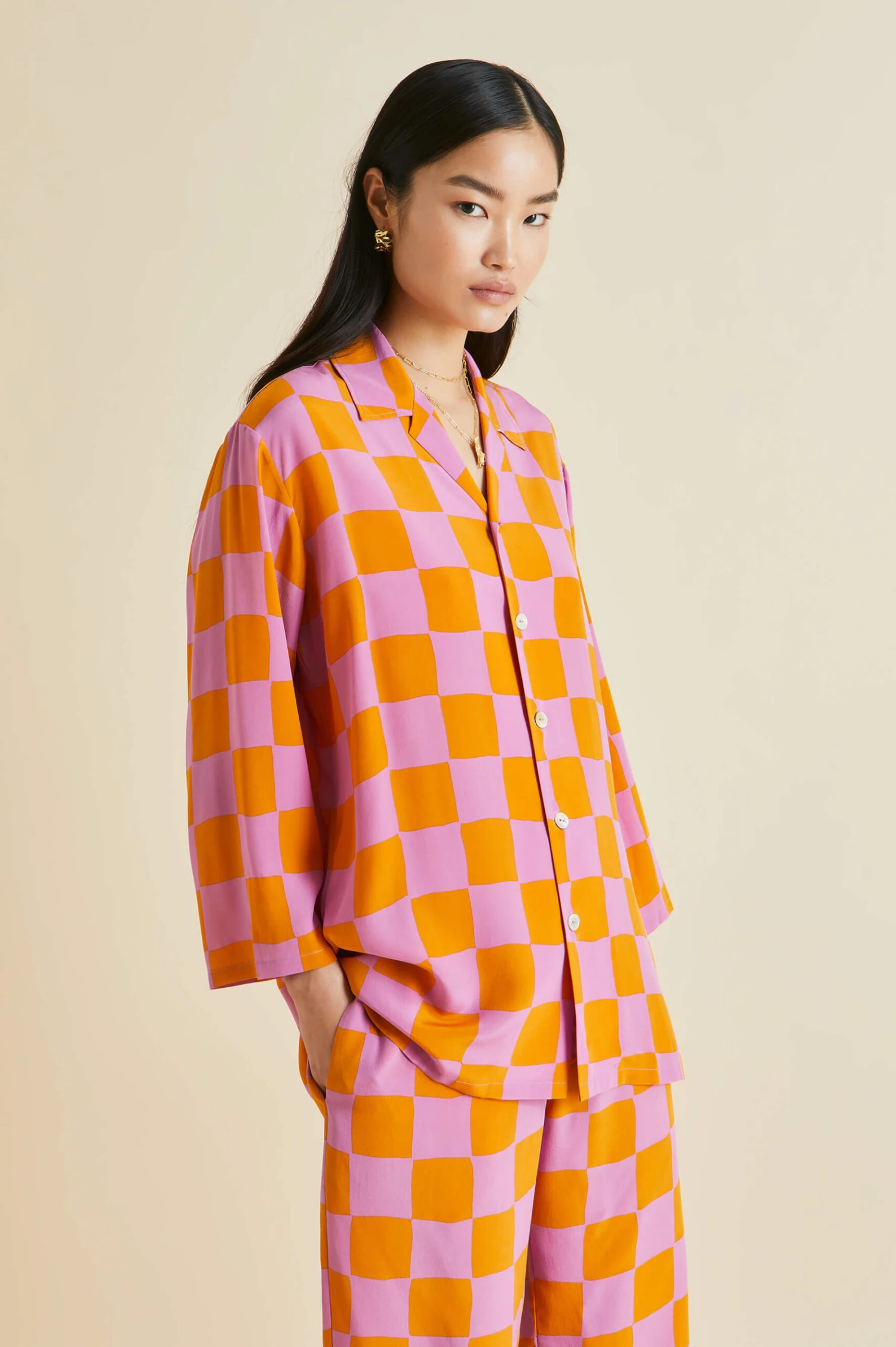 Casablanca Signac Pink Gingham Silk Crêpe De Chine Pajamas - Image 6