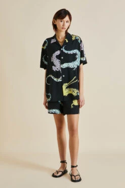 Emeli Sanuk Black Crocodile Silk Crêpe De Chine Pajamas