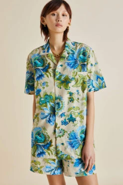 Emeli Jasmine Blue Floral Cotton-Silk Pajamas