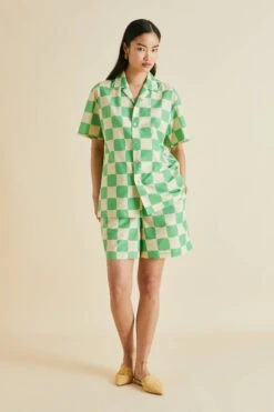 Emeli Croisette Green Gingham Cotton-Silk Pajamas