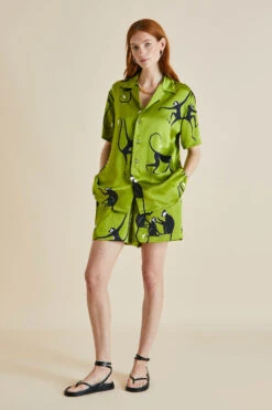 Emeli Mangabey Green Monkey Silk Satin Pajamas