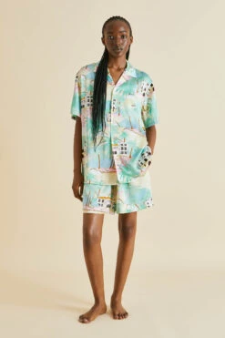 Emeli Pampelonne Green Palm Silk Satin Pajamas