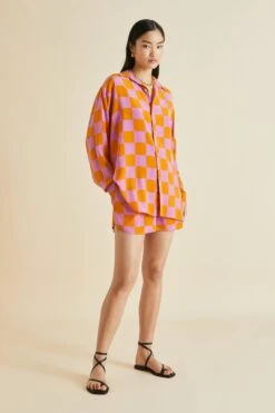 Kick Signac Pink Gingham Silk Crêpe De Chine Pajamas