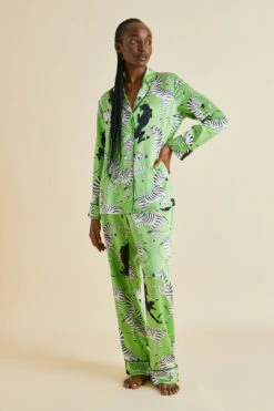 Lila Deneuve Green Zebra Silk Satin Pajamas