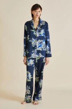 Lila Voyage Navy Mountainscape Silk Satin Pajamas