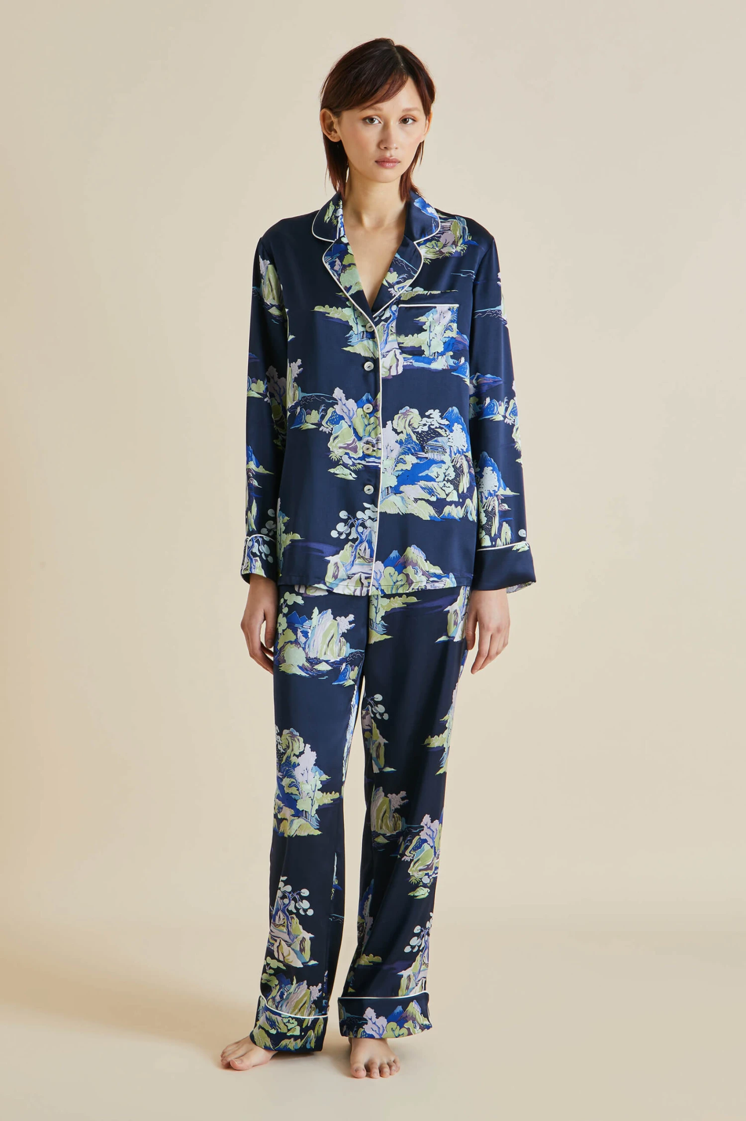 Lila Voyage Navy Mountainscape Silk Satin Pajamas